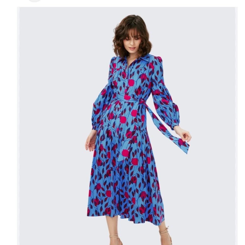 DVF Diane von Furstenberg Lux Cotton Dress in Lantern Leaves Pure Blue Size 10